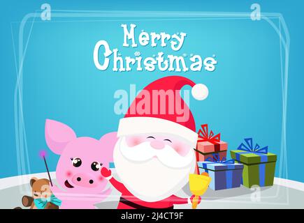 Christmas festive card design. Dancing Santa Claus, piggy, and gifts on blue background. Template can be used for flyers, banners, posters Stock Vector