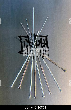 Scan, acupuncture needles with Chinese character Stock Photo