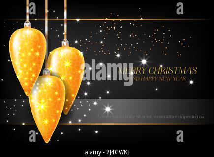 Merry Christmas and Happy New Year with golden decorations black poster design. Inscription with tree decorations, sparkles on black background. Can b Stock Vector