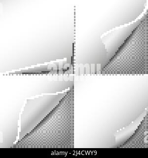 Curl paper corners vector set with checkered transparent background. Sheet sticker, message blank label illustration Stock Vector