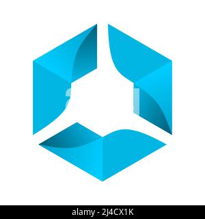 Abstract hexagonal blue gradient logo. Three triangle folding elements. Dynamic motion concept. Light blue technology logotype template. Vector, flat. Stock Vector