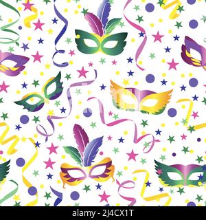 Carnival seamless background with stars, mask and ribbons Stock Vector