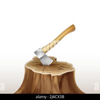 Vector iron axe with brown, ocher wooden handle in stump isolated on white background Stock Vector