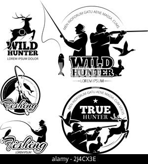 Vintage hunting and fishing vector labels, logos and emblems set. Deer and rifle, rod and aiming illustration Stock Vector