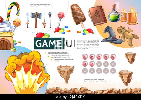 Cartoon mobile game infographic concept with witch elements sweet products islands in air explosion sword axe spear level selection buttons vector ill Stock Vector