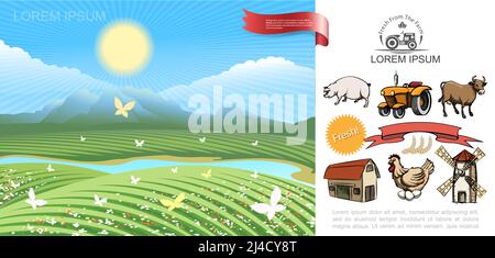 Colorful farming concept with rural meadow landscape and sketch pig cow chicken barn windmill wheat ears tractor vector illustration Stock Vector