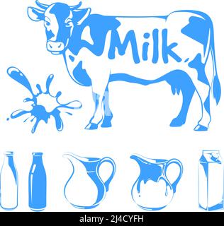 Vector elements for milk logos, labels and emblems. Food farm, cow and fresh natural beverage illustration Stock Vector