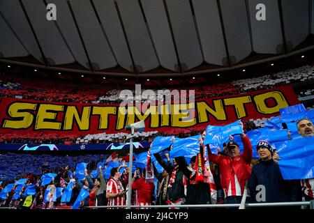 Atletico de Madrid fans on the Wanda Metropolitano stands during the UEFA Champions League match, Quarter Final, Second Leg, between Atletico de Madrid and Manchester City played at Wanda Metropolitano Stadium on April 13, 2022 in Madrid, Spain. (Photo by Colas Buera / PRESSINPHOTO) Stock Photo