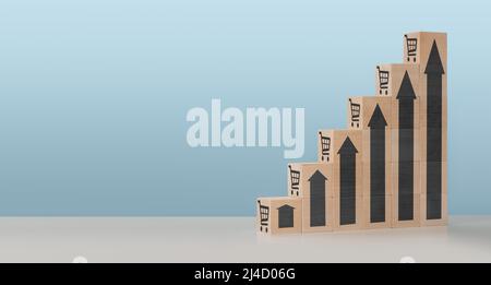 sale volume increase make business grow, wooden cube with icon graph and shopping cart symbol. Retail and Sales growth concept. banner, copy space Stock Photo