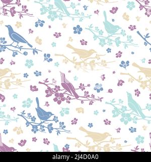 Birds and twigs seamless pattern. Flower and branch, decoration love and romantic, design floral, vector illustration Stock Vector