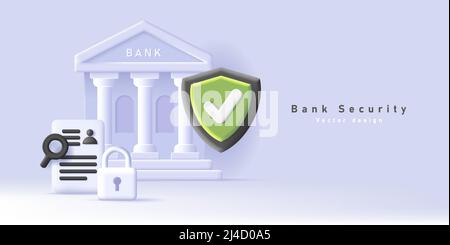 Web banner with bank building and shield indicating security and encryption, padlock and finance document, 3d composition Stock Vector
