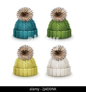 Vector set of blue, green, yellow, white winter knitted caps with pom-pom side view isolated on white background Stock Vector