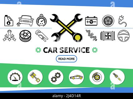 Car service line icons set with oil automobile tire speedometer battery wrenches transmission radiator shock absorber steering wheel piston gear spark Stock Vector
