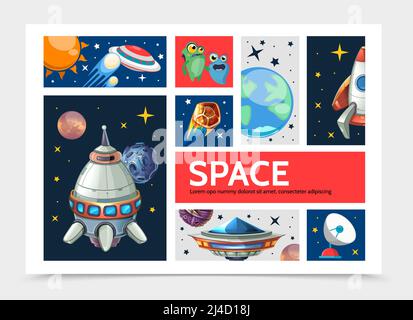 Cartoon space infographic template with planets spaceship rocket ufo cute aliens satellite dish stars comets meteors asteroids sun vector illustration Stock Vector