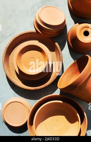 Collection of terra cotta pots and plates Stock Photo