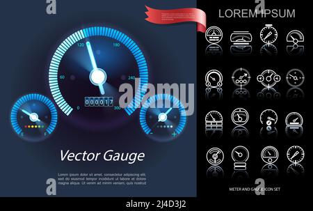 Car dashboard elements concept with modern blue speedometer tachometer fuel indicator and white gauges icons vector illustration Stock Vector