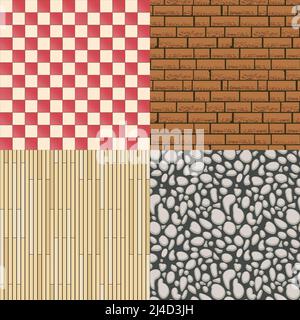 Wooden floor texture, stone pattern and tiles background set. Construction material, seamless backdrop and parquet. Vector illustration Stock Vector