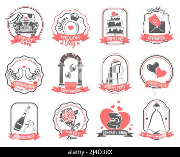 Wedding party love symbols emblems set with engagement rings hearts and roses outline abstract isolated vector illustration Stock Vector