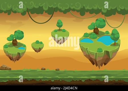 Cartoon fantastic forest landscape. Nature panorama for game, liana and covering grass, landscape game. Vector illustration Stock Vector