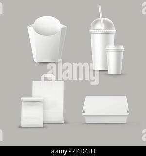 Vector Fast Food Package Set of Realistic Carton Hamburger Classic Burger Container Potatoes French Fries in White Box Blank Cardboard Cup for Drinks Stock Vector