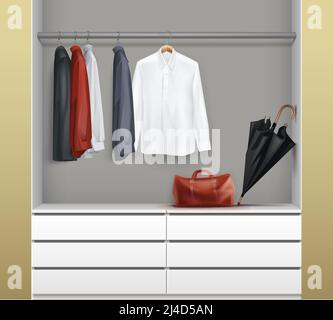 Vector open white wardrobe with drawers, red, black,blue shirts, umbrella and bag front view isolated on background Stock Vector