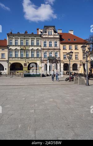 BIELSKO-BIALA, POLAND on APRIL 2022: Historical european city center n Silesian district, clear blue sky in warm sunny spring day - vertical Stock Photo