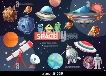 Cartoon space elements collection with sun planets stars spaceships ufo telescope satellite dish astronaut asteroids cute aliens isolated vector illus Stock Vector