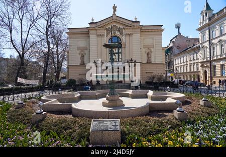 BIELSKO-BIALA, POLAND on APRIL 2022: Drama theater in historical european city in Silesian district, clear blue sky in warm sunny spring day. Stock Photo