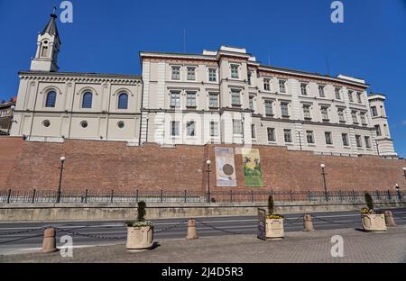 BIELSKO-BIALA, POLAND on APRIL 2022: Sulkowski castle in european city at Silesian district, clear blue sky in warm sunny spring day. Stock Photo