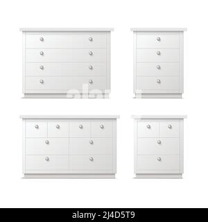 Vector set of different white drawers, nightstands or bedside tables with handles front view isolated on background Stock Vector