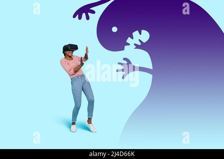 Creative art collage of scared girl play vr box afraid hug painted monster nightmare isolated blue color background