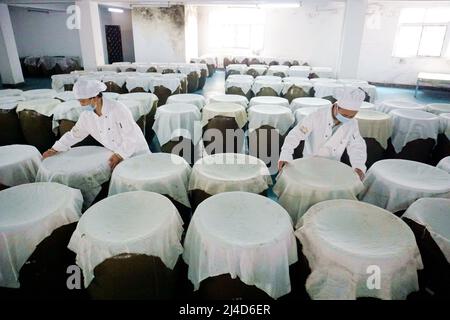 QIANDONGNAN, CHINA - APRIL 14, 2022 - Workers work in a wine cellar in Qiandongnan, Guizhou Province, China, April 14, 2022. Stock Photo