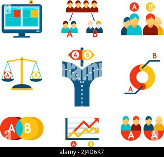 A-B testing vector icons set in flat design style. Test business, feedback and research Stock Vector
