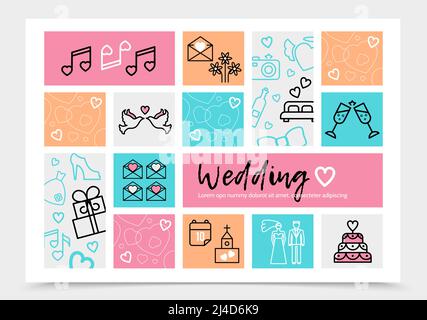 Wedding infographic template with pigeons bride groom music notes letter fireworks glasses car bed church date gift boxes shoe dress line icons vector Stock Vector
