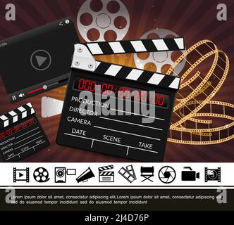 Colorful cinema template with realistic clapperboard film reels strip on radial background and flat movie icons vector illustration Stock Vector