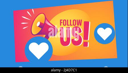 Illustration of follow us text with megaphone and heart shape icons over blue background, copy space Stock Photo