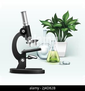 Vector black metal optical microscope, petri dish, flask with green liquid and plant isolated on background Stock Vector