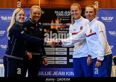 Prague, Czech Republic. 14th Apr, 2022. From left Sonay Kartal, Katie Swan, of Great Britain and Czech Marie Bouzkova, Linda Fruhvirtova shake hands during the lots drawn for Britain vs Czechia women's tennis qualification matches of Billie Jean King Cup tournament, Czech Republic, April 14, 2022. Credit: Michal Kamaryt/CTK Photo/Alamy Live News Stock Photo