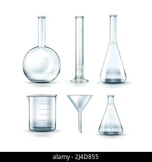 Vector set of empty transparent glass chemical laboratory flasks, funnel and test tube isolated on background Stock Vector