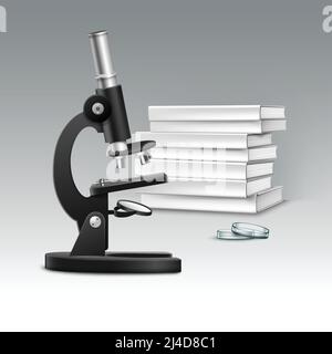 Vector black metal optical microscope with petri dish and pile of white books isolated on background Stock Vector