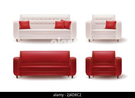 Vector set of red, white armchairs with sofas and cushions front view isolated on white background Stock Vector