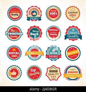 Best quality limited edition and guaranteed money back round black and white badges collection isolated vector illustration Stock Vector