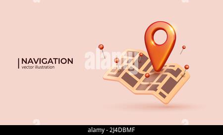 Red Locator mark on map and location pin or GPS navigation icon sign. 3D Realistic creative conceptual symbol of search concept in cute cartoon style. Vector illustration Stock Vector