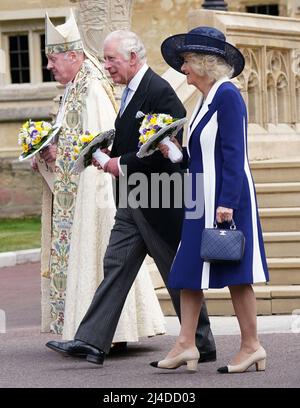 The Prince of Wales, representing the Queen and the Duchess of Cornwall, leave following the Royal Maundy Service at St George's Chapel, Windsor. Picture date: Thursday April 14, 2022. Stock Photo