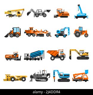 Construction machines and engineering icons set with excavator and roller flat isolated vector illustration Stock Vector