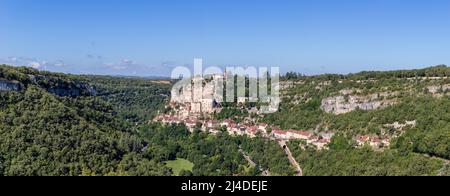Super panoramic view Rocamadour castle, situated on clifftop in Lot town, Occitania, Southwestern France Stock Photo