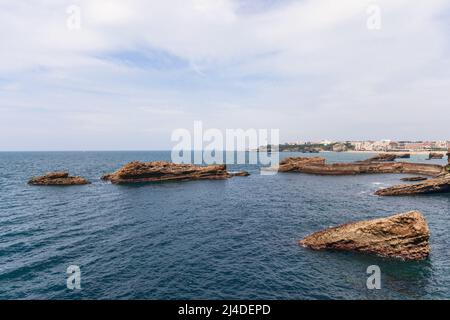 Southwestern coastline of France, shores of Biscay Bay are characterized by bizarre rock formations. Biarritz, Pyrenees-Atlantiques department, French Stock Photo