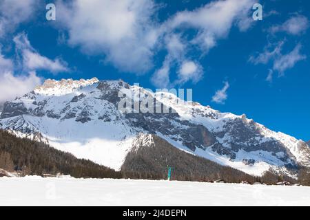 Panorama aerial view from the Dachstein Glacier. The plateau is the best place for skiing, snowboarding and other winter sports, Styria, Austria. Tour Stock Photo