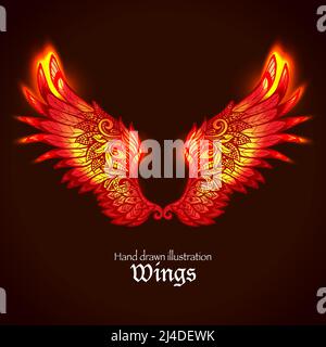Red and yellow bright glowing ornamental wings in fire hand drawn vector illustration Stock Vector