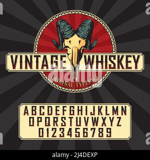 Vintage whiskey label font with sample label design in vintage style vector illustration Stock Vector